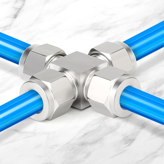 TAISHER 1PCS 304 Stainless Steel 4 Way Compression Tube Pipe Fitting Connector, 1/2" x 1/2" x 1/2" x 1/2" Tube OD Adapter