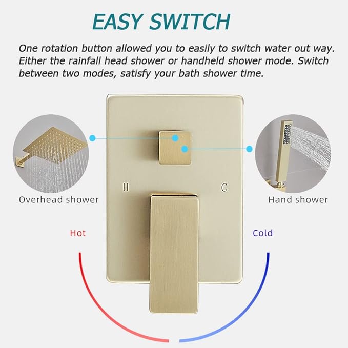 Brushed Gold Shower System Bathroom Luxury Rain Mixer Shower Combo Set Wall Mounted Rainfall Shower Head System Shower Faucet Rough-in Valve Body and Trim Kit