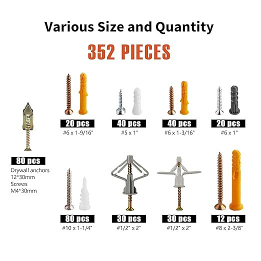352pcs Self-Drilling Drywall Anchors and Screws Kit, 9 Different Assorted Size, Include Nylon Plastic Wall Anchors,Galvanized Steel Anchors, Screws, Hollow Door Anchors, Holds Up to 75lbs