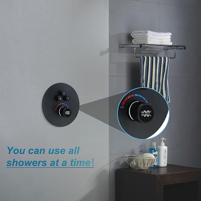 Round Digital Display Shower Valve 3 Way Shower Mixing Valve Concealed Installation Can Use All the Time Matte Black