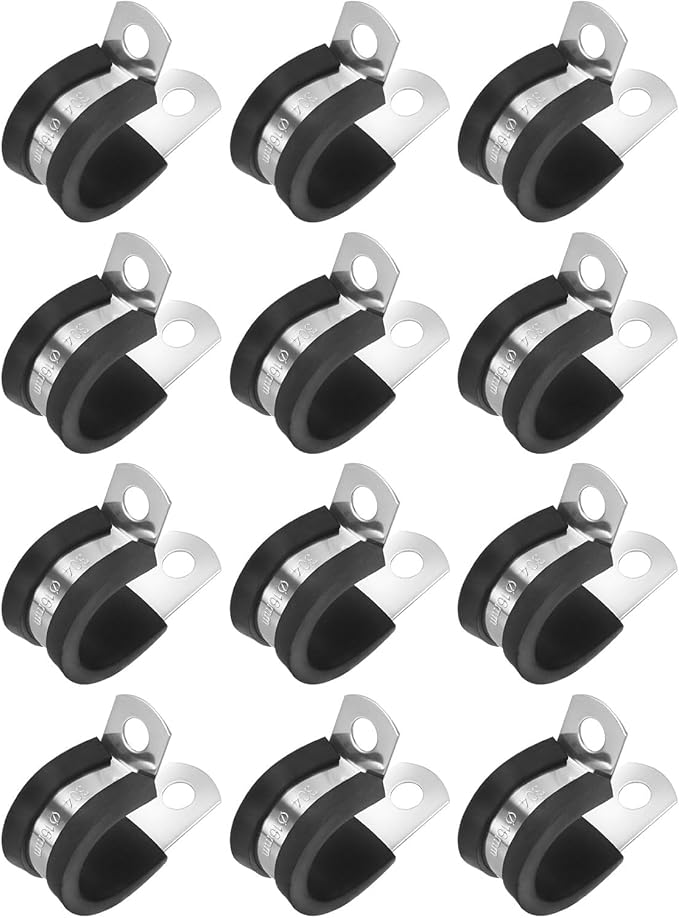 12-Pack Cable Clamps, 5/8 Inch/ 16 mm 304 Stainless Steel Rubber Cushioned Insulated Cable Clamp R Shape Metal Holder for Tube/Wire/Pipe/Loop Installation