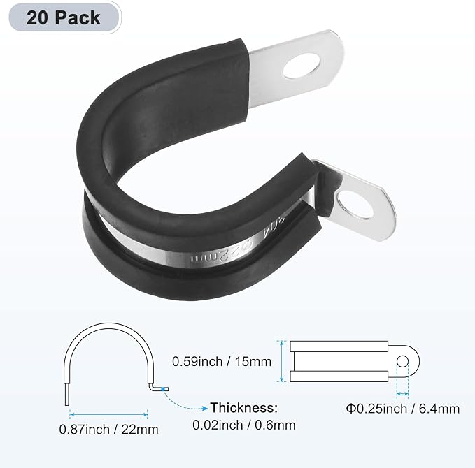 20-Pack Cable Clamps, 7/8 Inch/ 22 mm 304 Stainless Steel Rubber Cushioned Insulated Cable Clamp R Shape Metal Holder for Tube/Wire/Pipe/Loop Installation