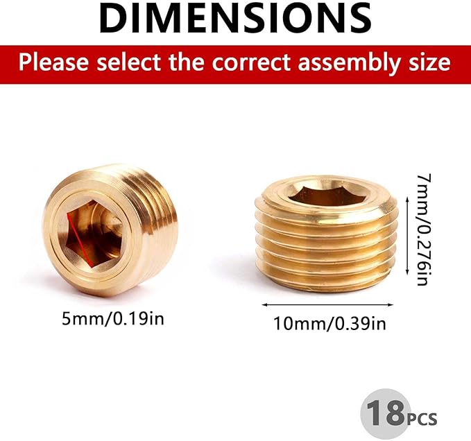 18PCS Brass Pipe Plug Fitting 1/8" NPT Male Plug Hex Counter Sunk Plugs,Internal Hex Thread Socket Pipe Plugs Kit
