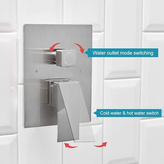 BWE 12 Inch Shower System Brushed Nickel with Waterfall Tub Spout Complete Set Square Luxury Rain Shower Faucet Set Pressure Balancing 3-Function Wall Mount Rough-in Valve Body and Trim Included