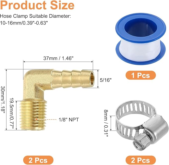 uxcell 2Pcs Brass Hose Barb Fittings, 5/16" x 1/4" NPT 90 Degree Elbow Hose Connector with Hose Clamps for Water Fuel Gas Oil Transportation