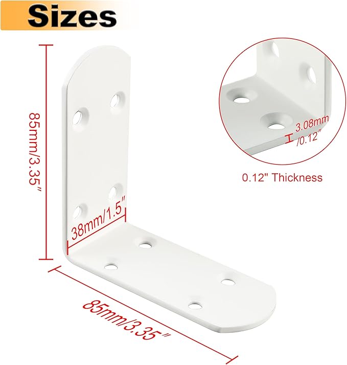 Alise 4Pcs Stainless Steel L Brackets for Shelves White, Small Floating Shelf Brackets, 90 Degree Right Angle Bracket, Heavy Duty Metal L Bracket Corner Brackets for Wood Furniture (3.35X3.35 in)