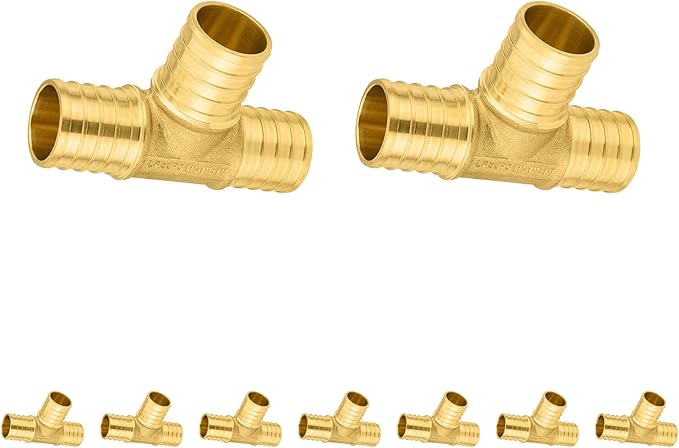 Pack of 10 Foskan PEX Fittings, 1" PEX Tee, Brass Barb Crimp PEX Fittings for Hot or Cold Water Distribution