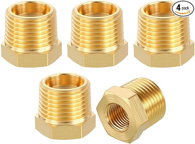 4 Pack Brass Pipe Fittings, 3/8" NPT Male to 1/8" NPT FeMale Brass Hex Bushing Reducer, Hose Tube Threaded Adapter for Air, Oil, LP
