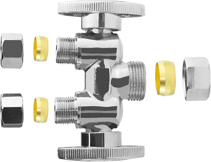 WiseWater 5/8" x 3/8" x 3/8" Compression Dual Shut Off Valve, Chrome Plated Brass 1/4 Turn Double Straight Stop Valve for Refrigerator, Ice Maker, Coffee Brewers, Water Filters (2 Pack)