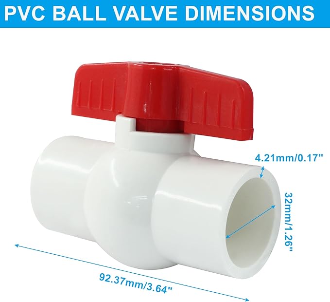 5 Pcs 1 Inch PVC Ball Valves, Water Shut Off Valves, 32mm Socket with Red T-Handle, Rated at 150 PSI Pipe Fittings for Swimming Pool, Plumbing & Irrigation Systems