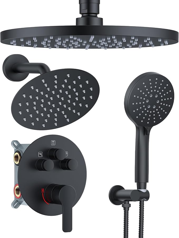 Shower System with Pressure Balance Valve, 10" Ceiling Mount Shower Faucet Set with 2 Rain Shower Head And Multi-function Handheld Head Push Button Diverter Pressure Balancing Valve Kit, Matte Black