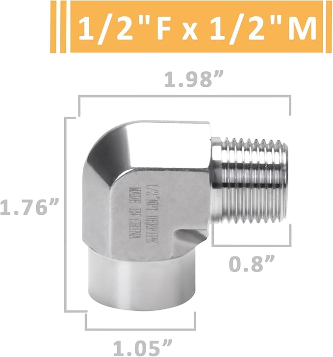 90 Degree Street Elbow - 1/2" NPT Male to 1/2" NPT Female Stainless Steel 304 Heavy Duty Forged Barstock Street Elbow Adapter Pipe Fitting (pack of 2)