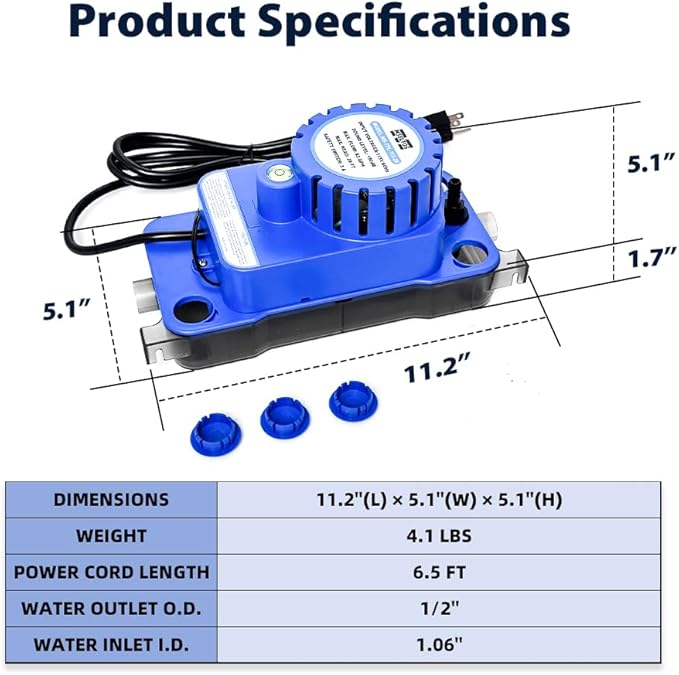 1/10 HP 93 GPH 20ft Max Head HVAC Condensate Pump, 115V w/Automatic Safety Switch, Removal Drain Pump for Air Conditioner, Dehumidifier, Ice Maker, Furnace, AC unit, Low Profile
