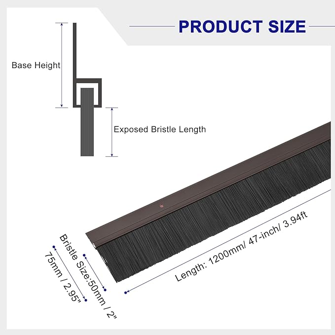 uxcell 2Pcs Door Brush Bottom Sweep H-Shape Aluminum Alloy Base with 2-inch PP Brush for Home, Industrial (47-inch L, Brown)