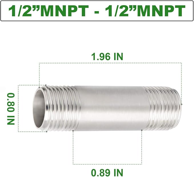 TAISHER 2PCS Stainless Steel Pipe Fittings, 1/2" NPT x 1/2" NPT Male Threaded, 2" Length Nipple Cast Pipe