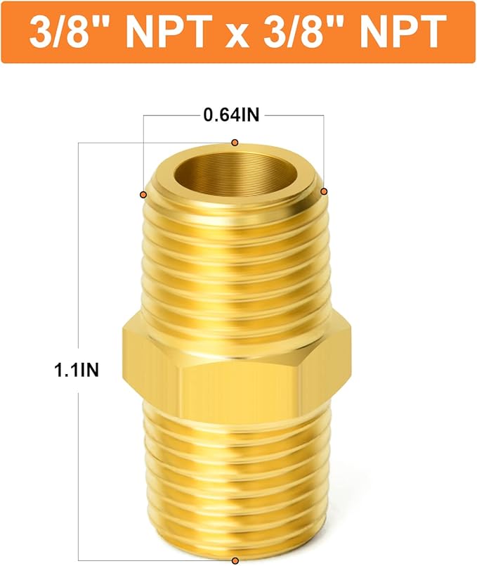 GASHER 20PCS Brass Hex Nipple, 3/8-Inch Male Pipe x 3/8-Inch Male Pipe Fitting