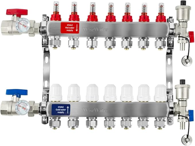 AB 7 Loop PEX/Radiant Manifold, PEX Tubing Radiant Heat Manifolds with 1/2'' Compatible Outlets, for Hydronic Radiant Floor Heating (1/2'' Adapters Included)
