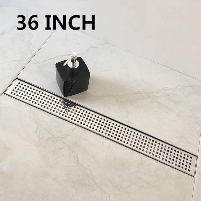 Neodrain 36-Inch Linear Shower Drain with Removable Quadrato Pattern Grate Cover, Polished 304 Stainless Steel Shower Linear Drain, Chrome Bathroom Floor Drainage &Leveling Feet, Hair Strainer, CUPC