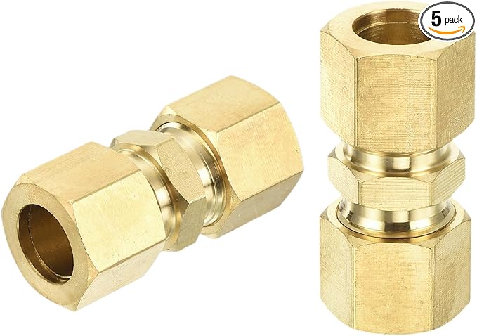 uxcell 5Pcs Brass Compression Tube Fitting, 1/2" Tube OD x 1/2" Tube OD Connector Straight Coupling Adapter Union Fittings