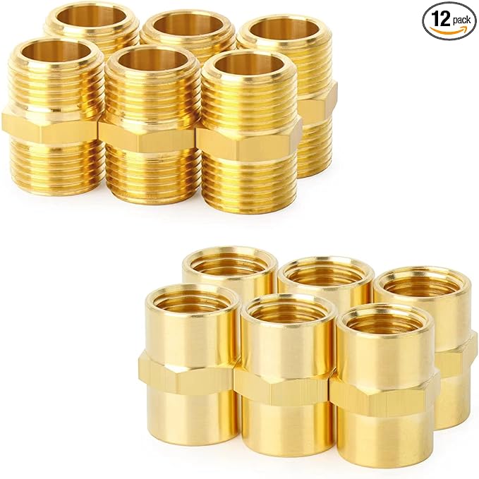 ChillWaves 1/8" NPT Brass Pipe Fitting Kit, 6 × 1/8" NPT Male Hex Nipple，6 × 1/8" NPT Female Hex Coupling，Thread Adapter（12-PACK）