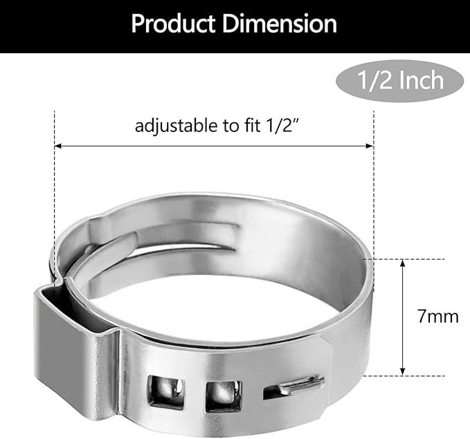 50 Pack 1/2 Inch PEX Cinch Clamp Rings, Stainless Steel Crimp Pinch Ring Clamps for PEX Tubing Pipe Fitting Connections