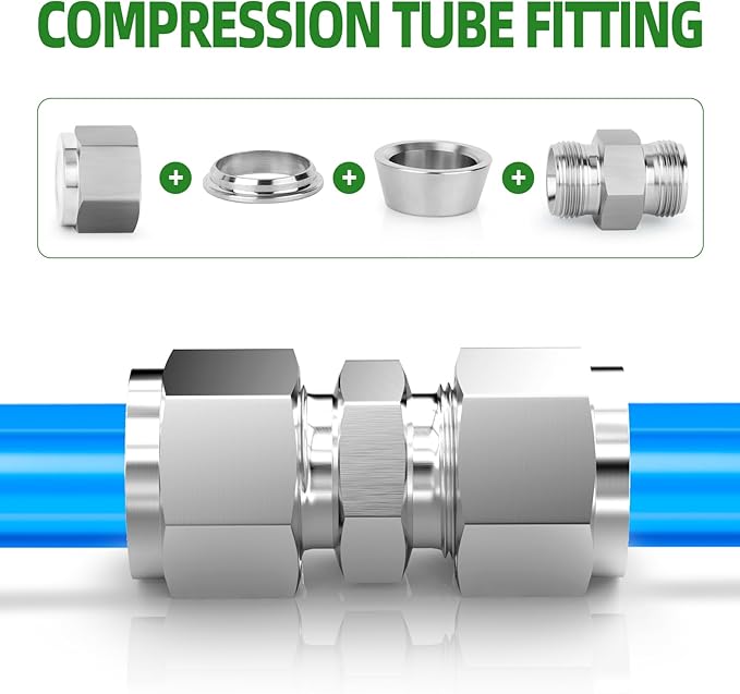 TAISHER 2PCS 304 Stainless Steel Compression Tube Pipe Fitting Connector, 8MM Tube OD x 8MM Tube OD Straight Adapter