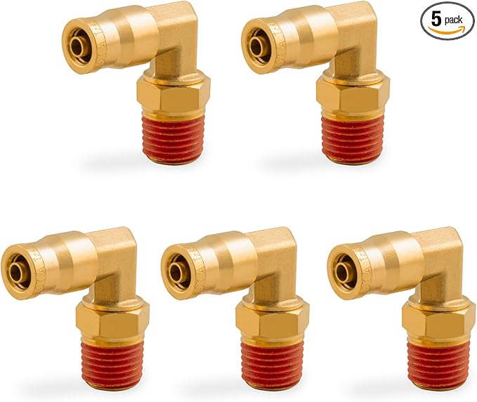 1/4" 90 Degree Elbow Union Brass DOT Push to Connect Air Line Fittings, 1/4" OD Tube x 1/4" NPT Air Brake Line Quick Fitting Connectors for Truck Trailers or Industry Air System(5PCS)