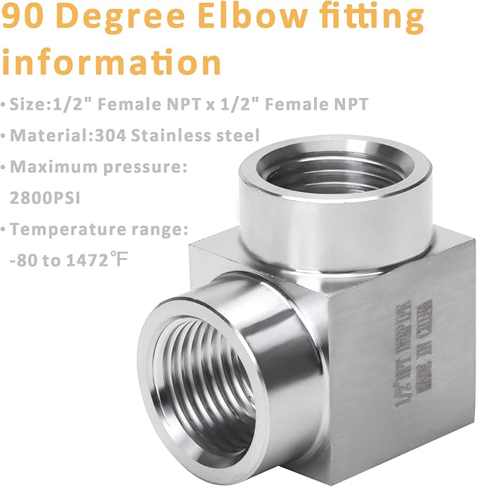 90 Degree Street Elbow - 1/2" NPT Female to 1/2" NPT Female Stainless Steel 304 Heavy Duty Forged Square Barstock Street Elbow Adapter Pipe Fitting (pack of 2)