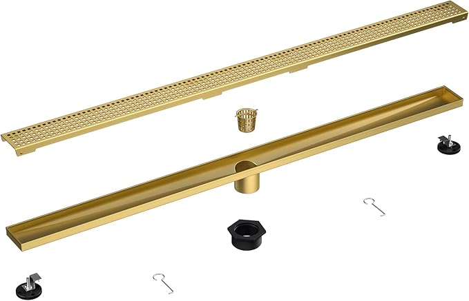 Linear Shower Drain 42", 304 Stainless Steel Floor Drain with Grid Drain Cover & Hair Strainer, Rectangular Shower Drain w/CUPC Certified, Brushed Gold