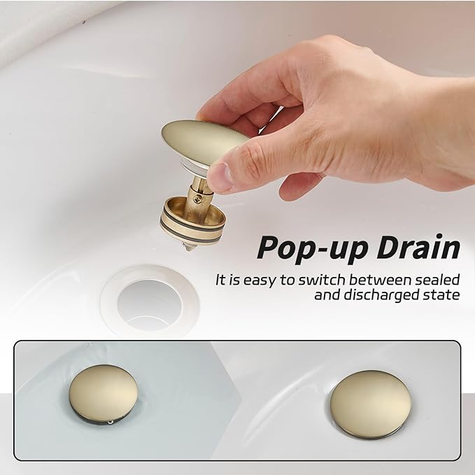 BWE Brushed Gold Bathroom Vessel Sink Drain Stopper with Overflow One Piece Pop Up Drain Assembly with Strainer for Bathroom Faucet Sink