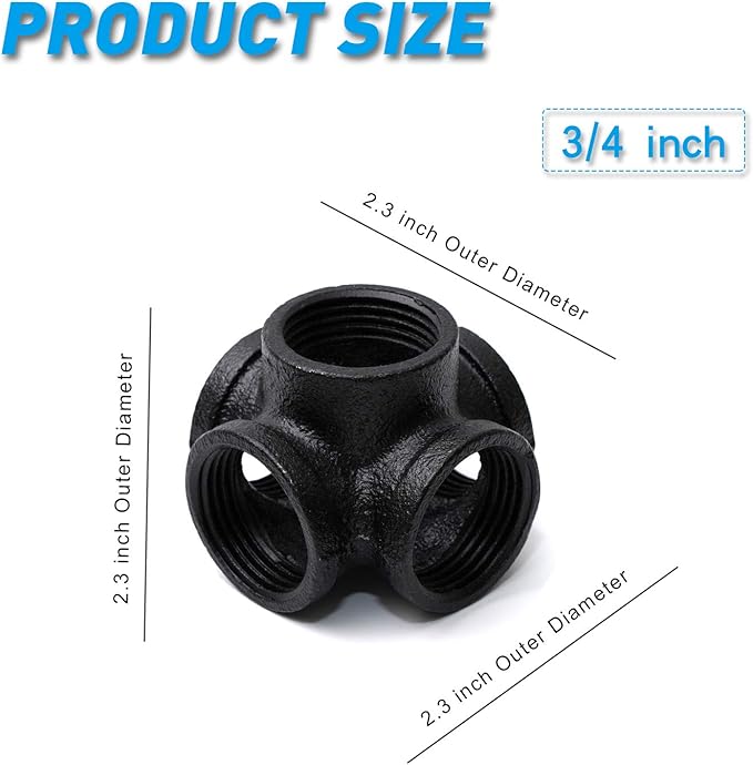 TZH 4-Pack 5-Way Corner Black Malleable Cast Iron Pipe Fitting - 3/4" Black 5-Way Side Outlet Tee for Industrial Pipe, Furniture & DIY Decoration