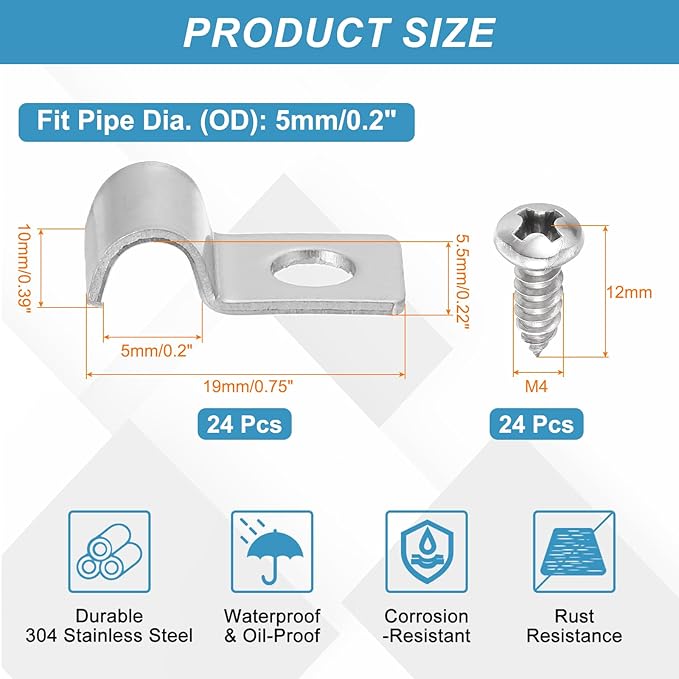 uxcell 24Pcs 5mm(3/16") One Hole Rigid Pipe Strap, 304 Stainless Steel Conduit Clamp Thicken U Bracket Heavy Duty Pipe Clamp with Self-Tapping Screws for Fixing Tube Cable, Silver