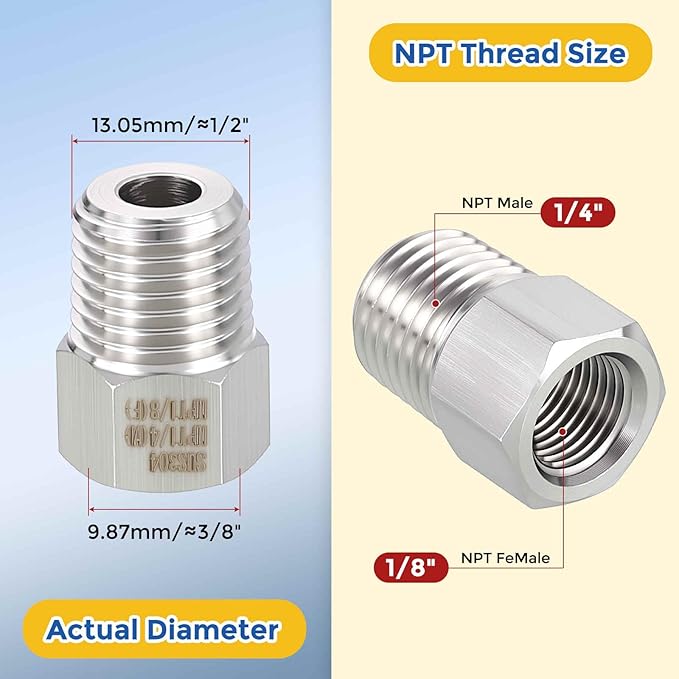 2 Pack 304 Stainless Steel Pipe Fittings, 1/4" MNPT to 1/8" FNPT Hex Bushing Reducer, Hose Tube Threaded Adapters for Air, Oil, LP, Gas