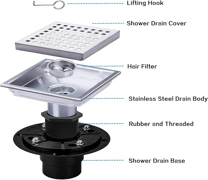 Square Shower Drain, Silver Shower Drain 6 inch with Flange and Removeable Grate Cover, AISI 304 Stainless Steel Shower Floor Drain with Hair Catcher and Flange