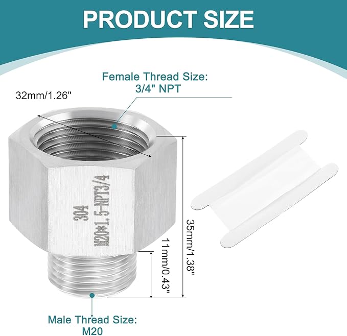 uxcell Pipe Fitting Reducing Adapter, M20 Male x 3/4" NPT Female 304 Stainless Steel Reducer Connector for Water Oil Air Pressure Gauge, Silver