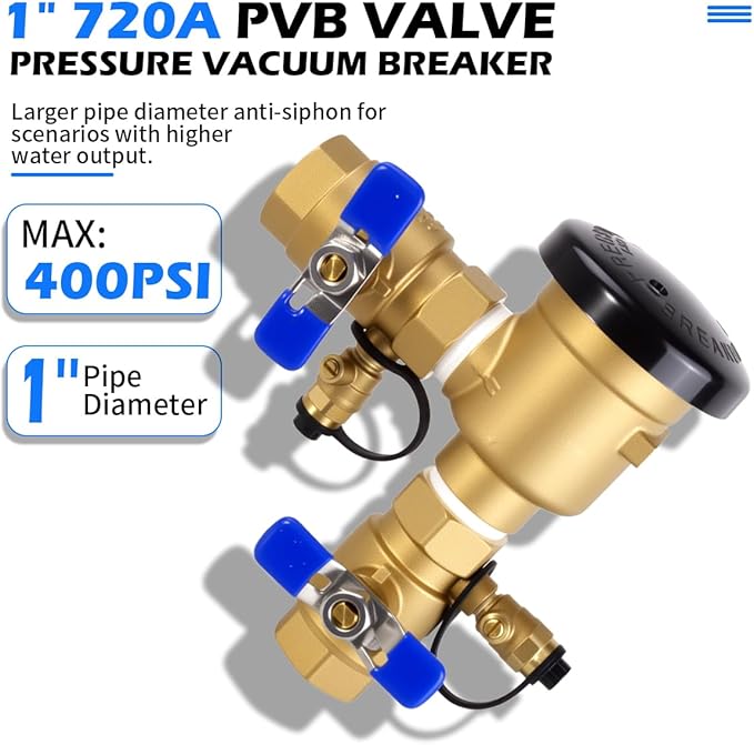 1" 720A Pressure Vacuum Breaker Assembly, 400PSI Heavy-Duty Brass Backflow Preventer Valve for Irrigation Systems, Lawn Sprinklers & Outdoor Water Lines, Prevent Backflow