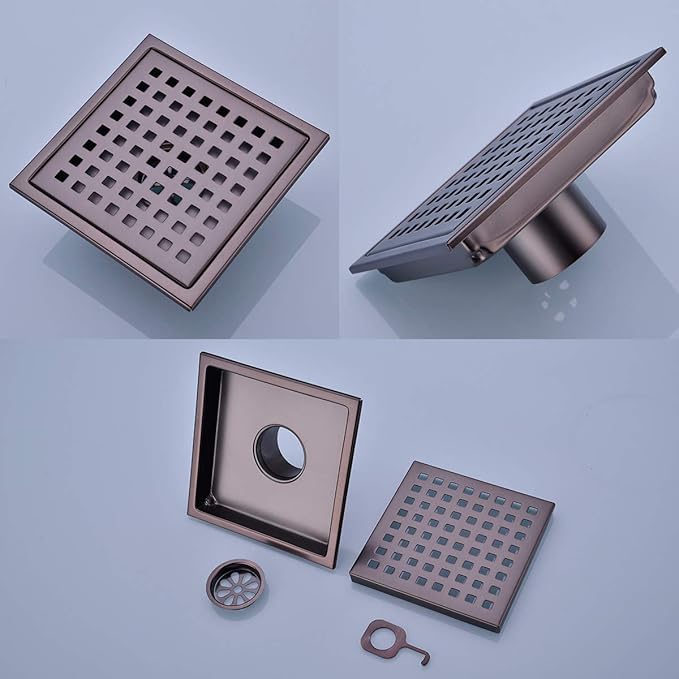 Square Shower Floor Drain with Removable Cover Grid Grate 6 inch Long, SUS 304 Stainless Steel Brushed Bronze Finished