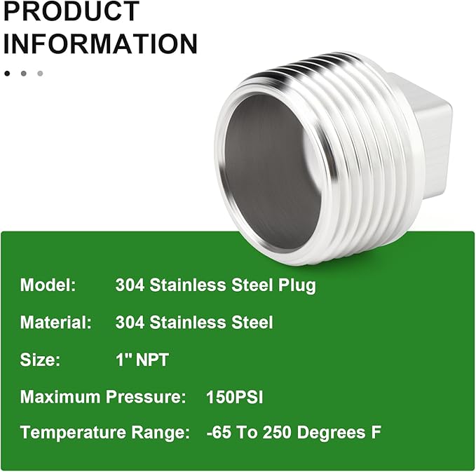 TAISHER 5PCS 304 Stainless Steel Outer Square Thread Socket Pipe Plug Fitting 1" NPT Male