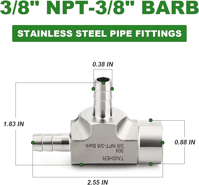 TAISHER 2PCS Forging of 304 Stainless Steel 3 Way Tee Hose Barb Fitting, 3/8" Hose Barb x 3/8" Hose Barb x 3/8" NPT Female for Fuel/Air/Lquid/Gas with 4PCS Hose Clamp