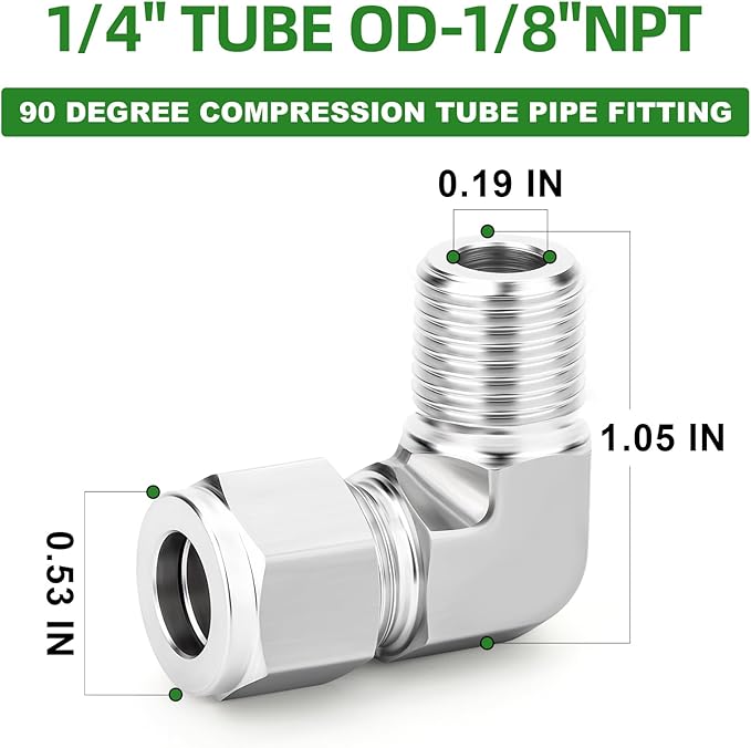 TAISHER 1PCS 316 Stainless Steel 90 Degree Compression Tube Pipe Fitting Connector, 1/4" Tube OD x 1/8" NPT Male Adapter