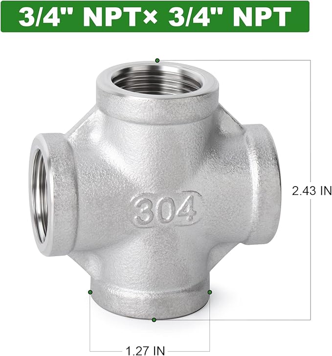 TAISHER 2PCS Stainless Steel 4 Way Pipe Fittings, 3/4" x 3/4" x 3/4" x 3/4" NPT Female Pipe Fittings