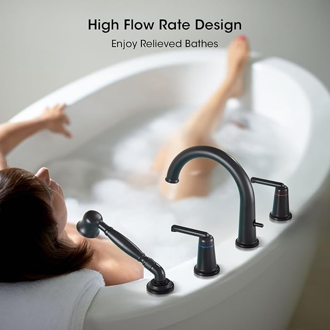 Roman Tub Faucet Set with Hand Shower, KRUZOO Bathtub Faucet Set Trim Kit with Rough-in Valve, Deck Mount Widespread 4 Hole Brass Tub Filler, KZ-9608BK, Matte Black
