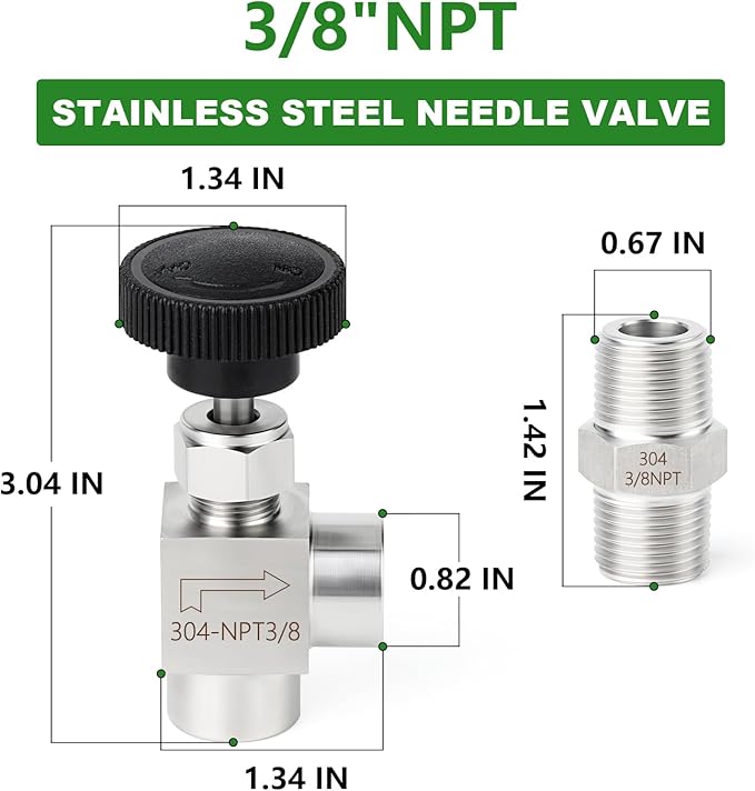 TAISHER 1PCS 304 Stainless Steel 90 Degree Needle Valve 3/8" Female NPT For Flow Control Water Gas Oil With Nipple
