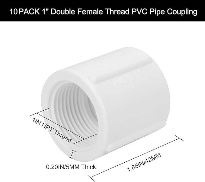 10Pack 1" Double Female Thread PVC Pipe Coupling Adapter Pipe Fitting Connector (F x F) SCH40 1Inch PVC Female Threaded Pipe Coupling for Sprinkler,Irrigation,Swimming Pools