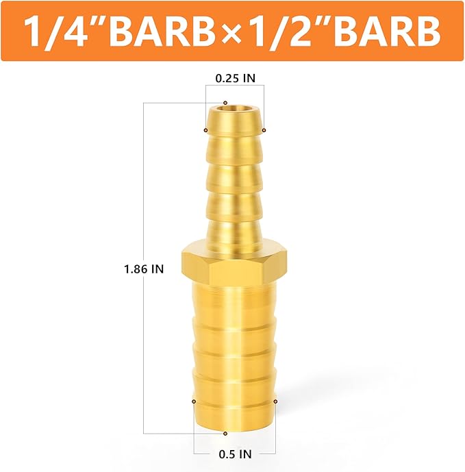 GASHER 10 Pieces Brass Hose Barb Reducer, 1/2 Inch to 1/4 Inch Barb Hose ID with 20 Hose Clam, Brass Barb Reducer SPLICER Fitting Fuel/AIR/Water/Oil/Gas/WOG