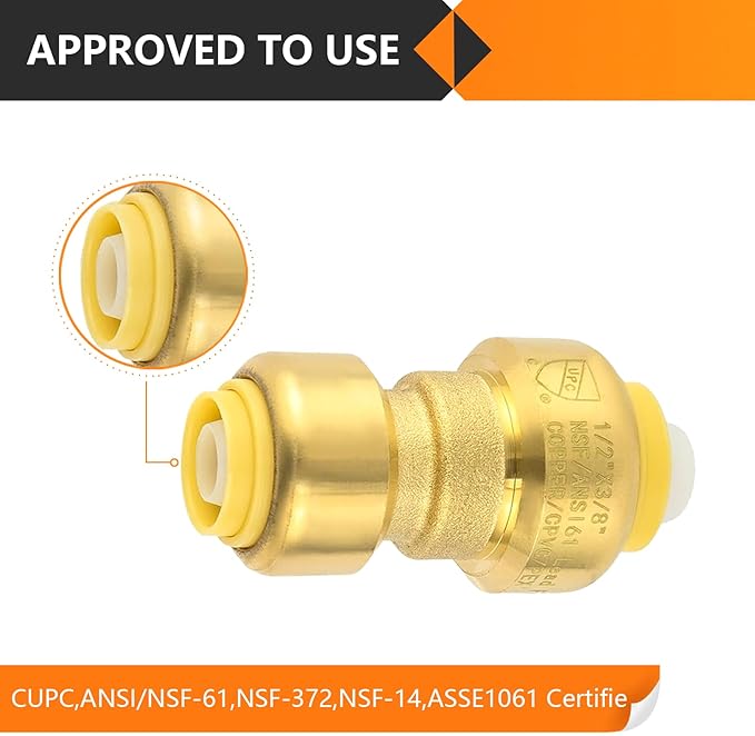 100-Pack HeSun Pushfit Coupling, 1/2"x3/8" Push to Connect Plumbing Fittings with Disconnect Clip, Brass Push-fit Fittings for PEX, Copper, CPVC, PE-RT Pipes(PF156-100)