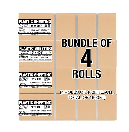 Aluf Plastics 7.8 Micron Clear All Purpose Vapor and Moisture Barrier Sheet Tarp/Drop Cloth - 4 Rolls of 9' x 400' - for Painting, Furniture, Carpet, Contractor, & Construction