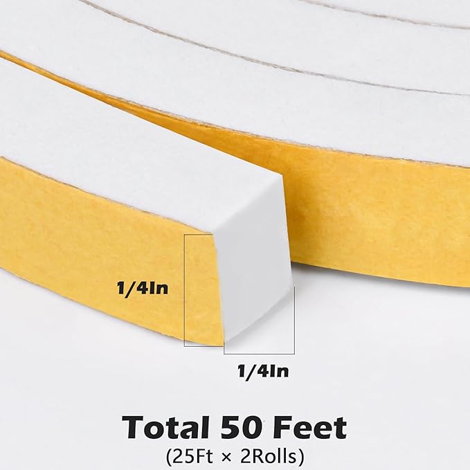 ToLanbbt White Door Window Weather Stripping Self Adhesive Foam Tape High Density Foam Sealing Strip Window Insulation Weatherproof Gasket Tape 1/4" Wide X 1/4" Thick, 25 Ft X 2 Rolls, Total 50 Feet