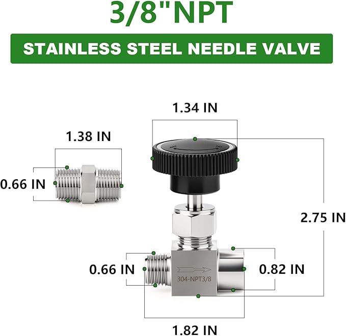 TAISHER 1PCS 304 Stainless Steel Straight Needle Valve 3/8" NPT Male x 3/8" NPT Female For Flow Control Water Gas Oil With Nipple