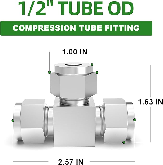 TAISHER 304 Stainless Steel Compression Fitting Connector, 1/2" Tube OD Tee Adapter